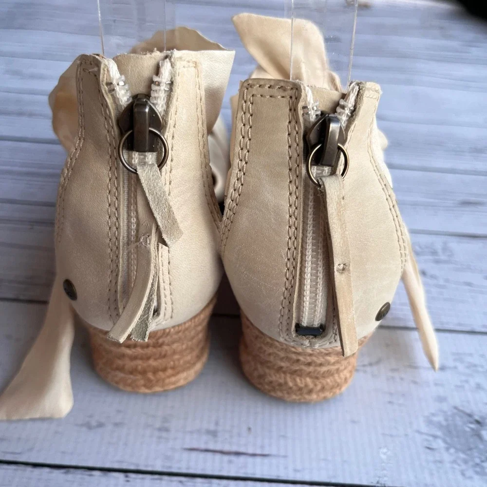 UGG Cream Espadrille Wedge Sandals Ankle Tie Ribbon Back Zip Boho Beach Size 6.5